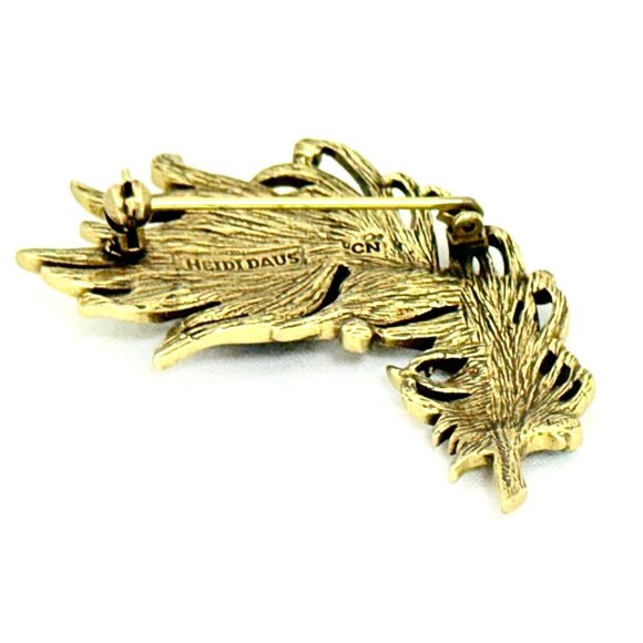 Heidi Daus Peacock Feather Brooch w/Blue & Green Crystals Gold-Tone Signed - Picture 7 of 8